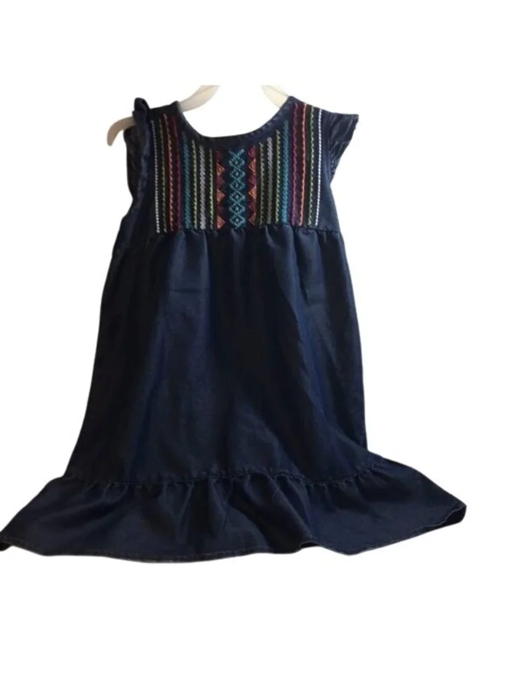 Kenzie Girls Dress Denim Blue Colorful Embroidery Ruffle Hem Ruffle Cap Sleeves
